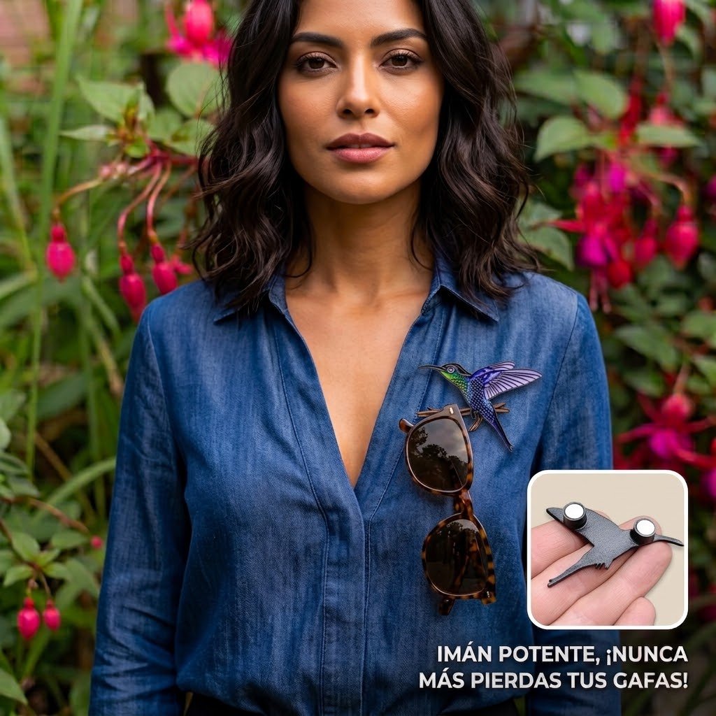 Primer plano de una mujer sonriente con una chaqueta denim usando un portagafas magnético de colibrí con gafas de sol colgando.