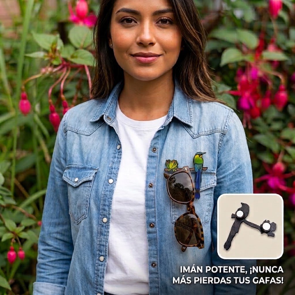 Mujer con chaqueta de mezclilla usando el pin magnético portagafas de colibrí esmaltado para sostener sus lentes de sol.